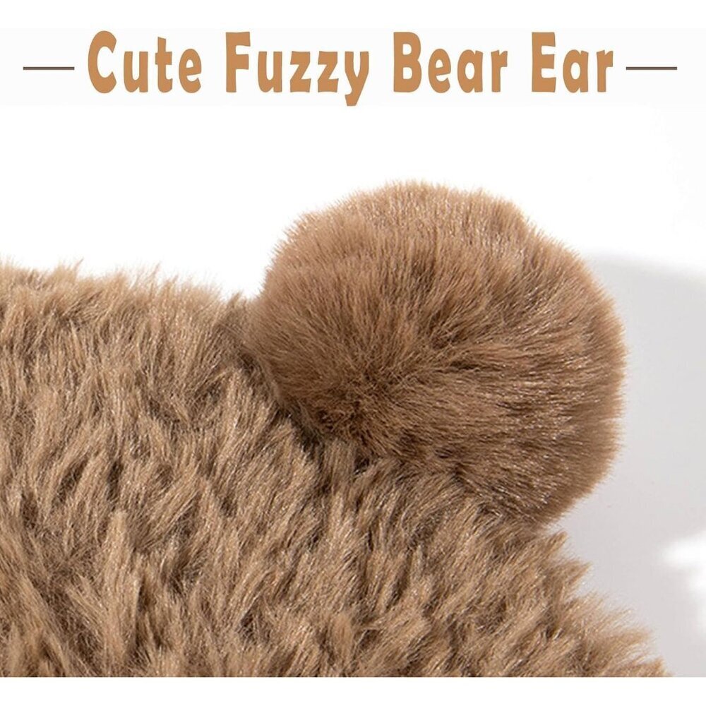 Women's Khaki Furry Beanie with Pom Pom Winter Warm Knitted Hat Bear Costume - Picture 3 of 6
